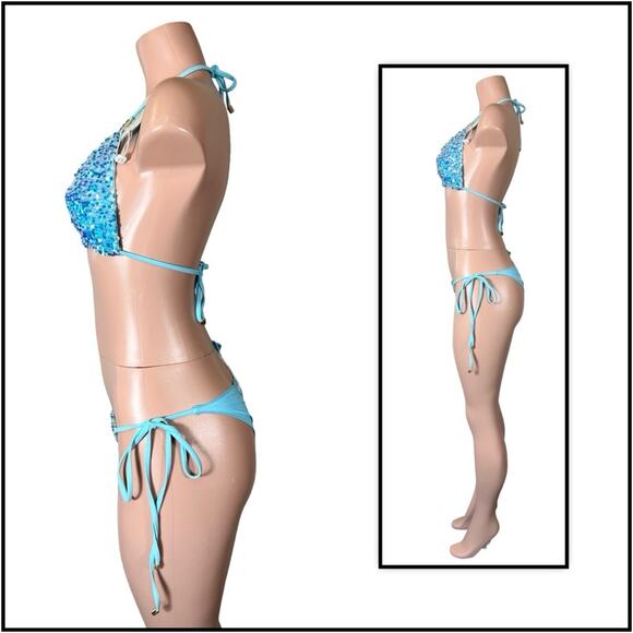 Beach Bunny Blue Icon Triangle Top & Icon Tie Side Skimpy Bottom $250 - Picture 4 of 12
